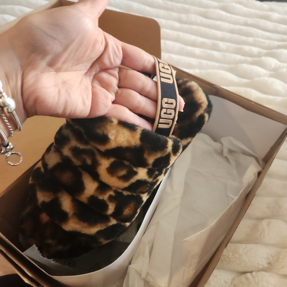 UGG Tan and Black Animal Print Fluffy Slides